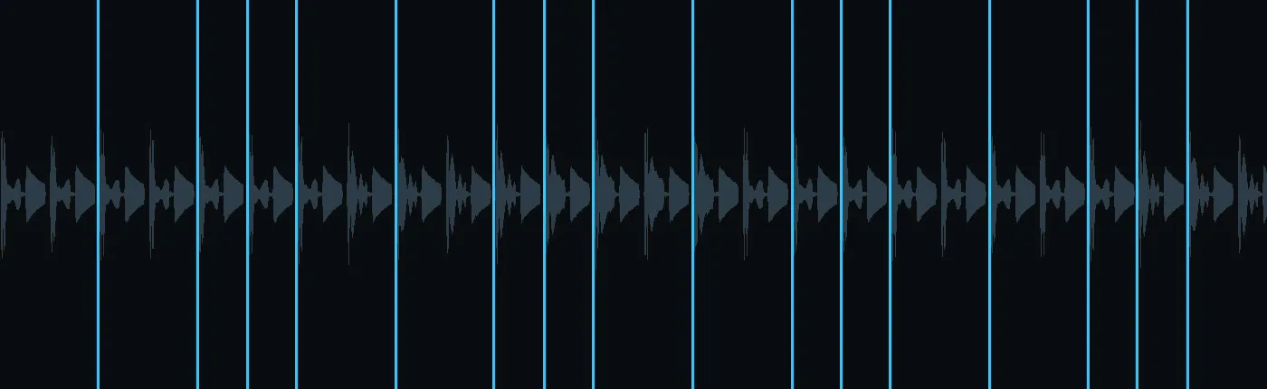A waveform with blue vertical lines marking every detected beat, evenly spaced across the track