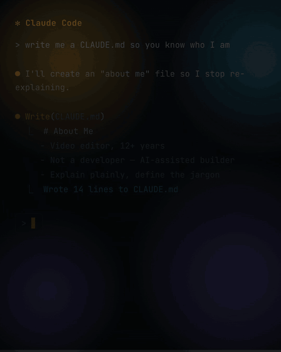 Looping GIF of the first episode: a tip about writing Claude an about-me file, animating over a designed Claude Code screen