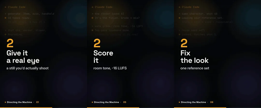 Three frames from the Directing the Machine series, each a numbered idea in white and amber over a dimmed Claude Code screen
