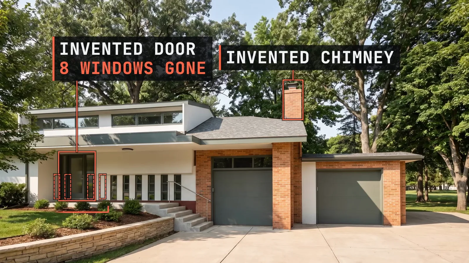 The rejected AI pass: an invented door, an invented chimney and eight missing windows