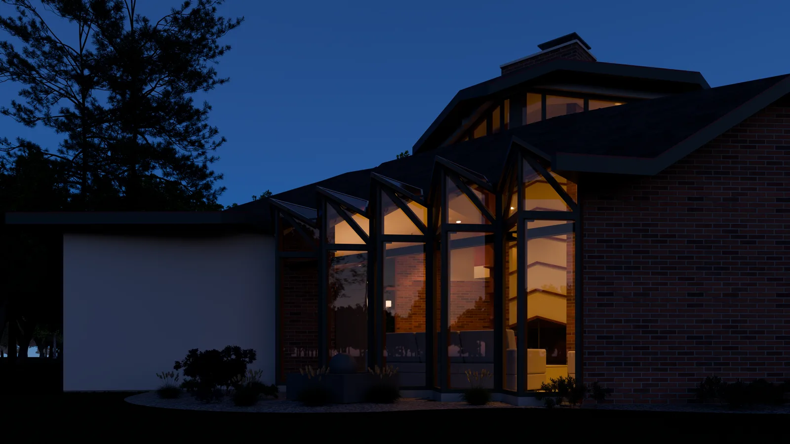The finished model at blue hour: the sawtooth bay lit from inside